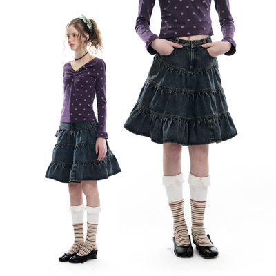 Romance Nanci 早春水洗做旧复古A字牛仔半身裙蓬蓬蛋糕裙