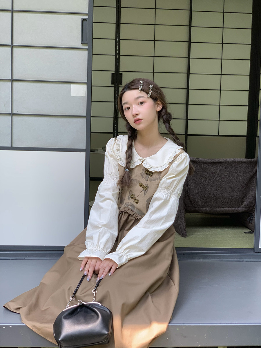 南西 新中式娃娃领盘扣连衣裙中长款复古拼接设计感裙子2023新款