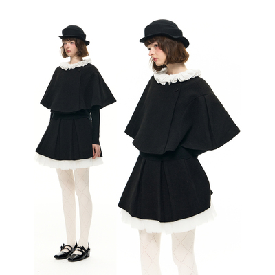 Romance Nanci 黑色魔女斗篷套装毛呢外套蓬蓬百褶短裙两件套