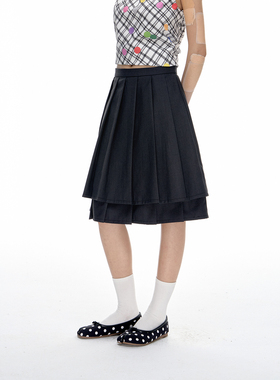 Romance Nanci 学院风深灰色双层百褶裙夏季A字半身裙