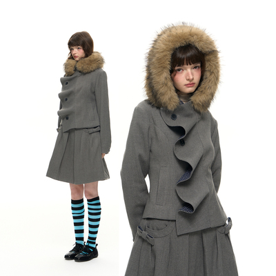 Romance Nanci 小众拼接捏褶摇粒绒里可拆卸毛领收腰短款呢子外套