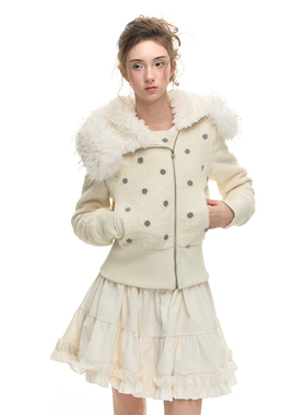 Romance Nanci 波点拼接呢子短外套修身显瘦秋冬加绒毛领棉服