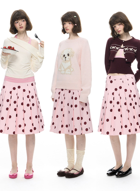Romance Nanci 蔓越莓复古粉底红波点半身裙秋冬中长款百褶裙