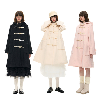 Romance Nanci A字大摆牛角扣大衣学院风宽松中长款羊毛呢子外套