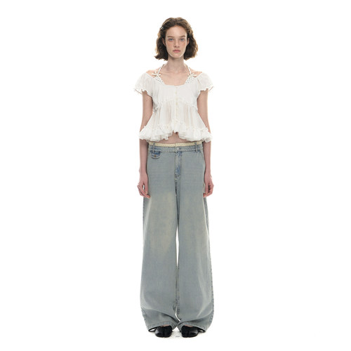 Romance Nanci 波点拼接挂脖假两件衬衫短款甜美度假风小上衣