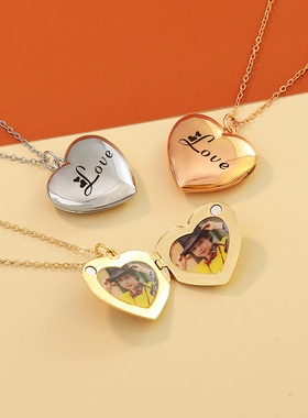 照片项链爱心刻字吊坠十字链女