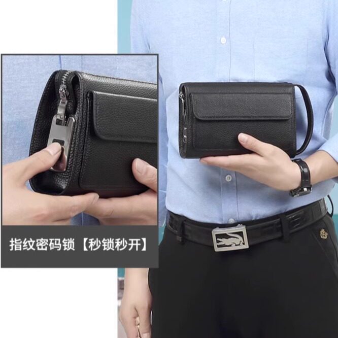 真皮指纹锁男包时尚休闲手抓包潮流商务便携防盗牛皮男士手拿包