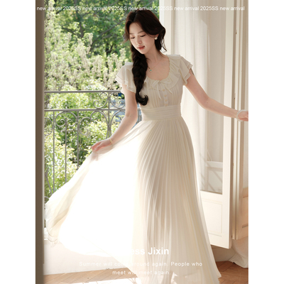 寄信 《手风琴》 法式小飞袖收腰显瘦小白裙连衣裙百褶长裙