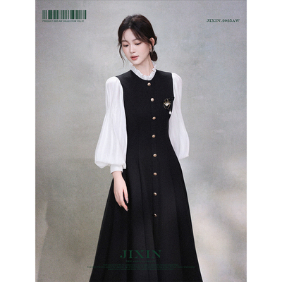 寄信/法式优雅木耳边拼接假两件灯笼袖气质微弹收腰显瘦连衣裙