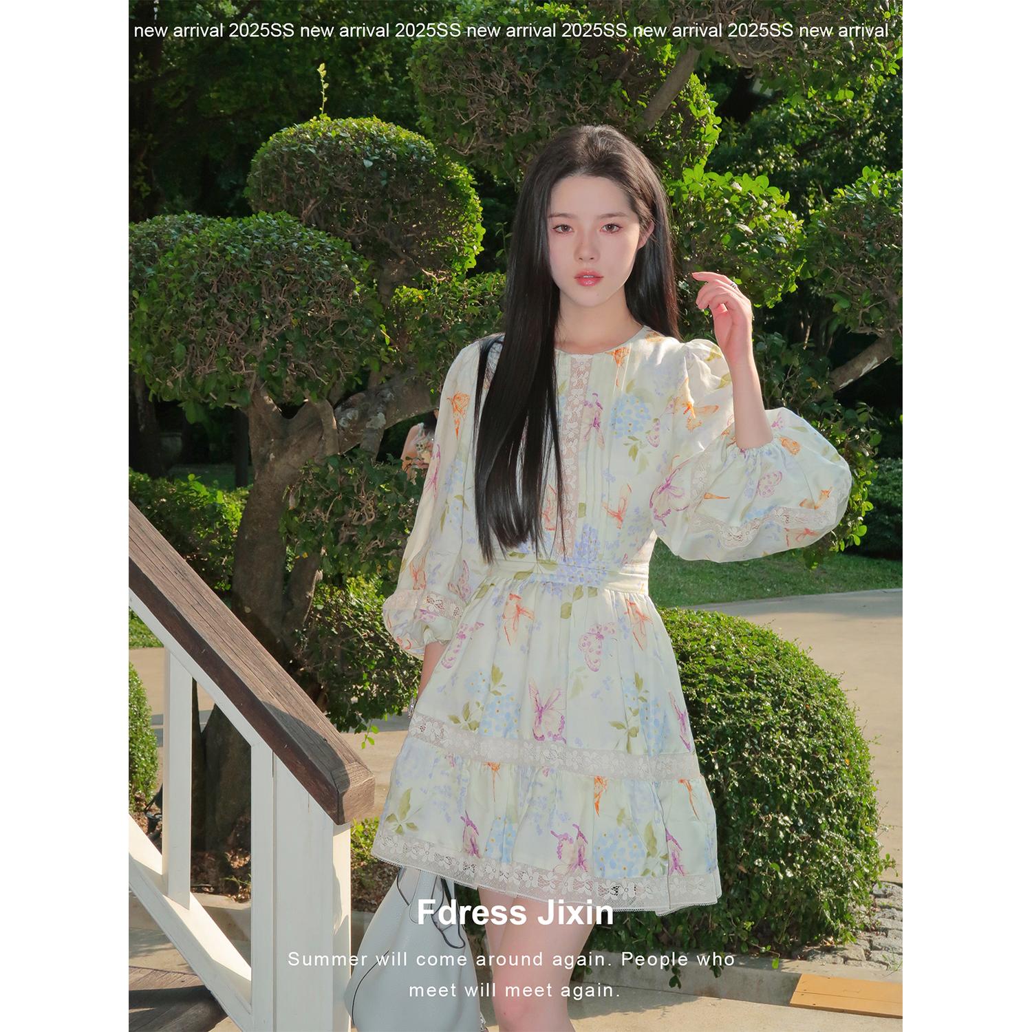 寄信《松萝绣球》莫奈绣球印花圆领收腰短裙/法蕾拼接a摆连衣裙