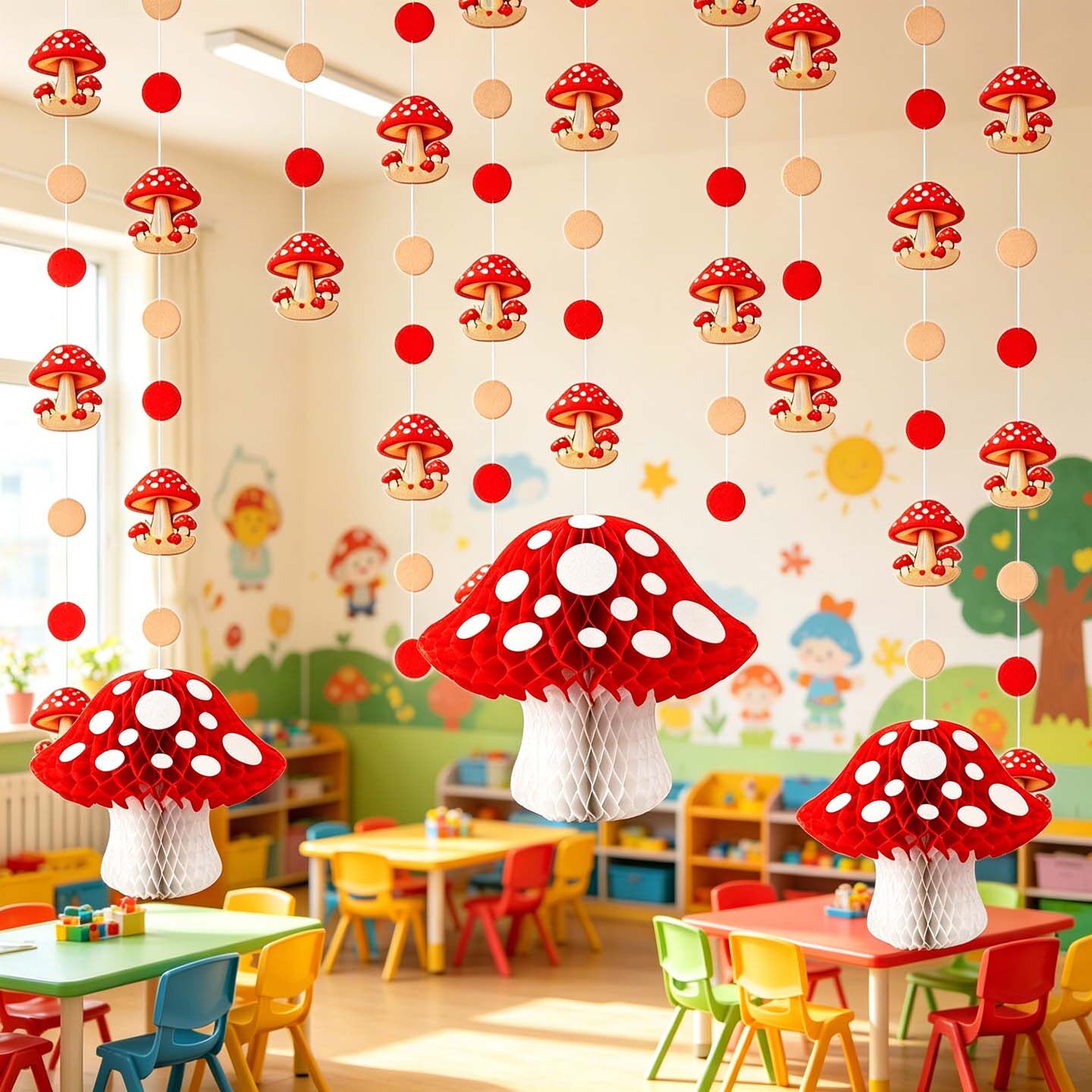幼儿园蘑菇主题蜂窝球拉花吊饰