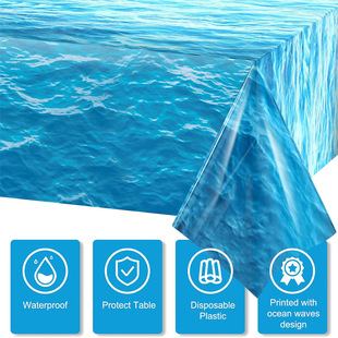 跨境亚马逊海洋波浪塑料桌布蓝色海滩泳池主题生日派对用品pe桌布