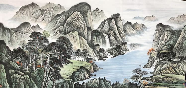 手绘山水画鸿运当头国画大八尺无款字画源远流长风水画办公室挂画