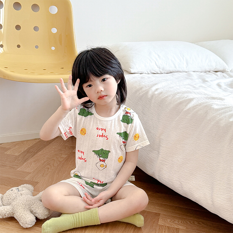 儿童睡衣夏季超薄2025新款短袖短裤竹纤维凉爽2件套男宝宝家居服