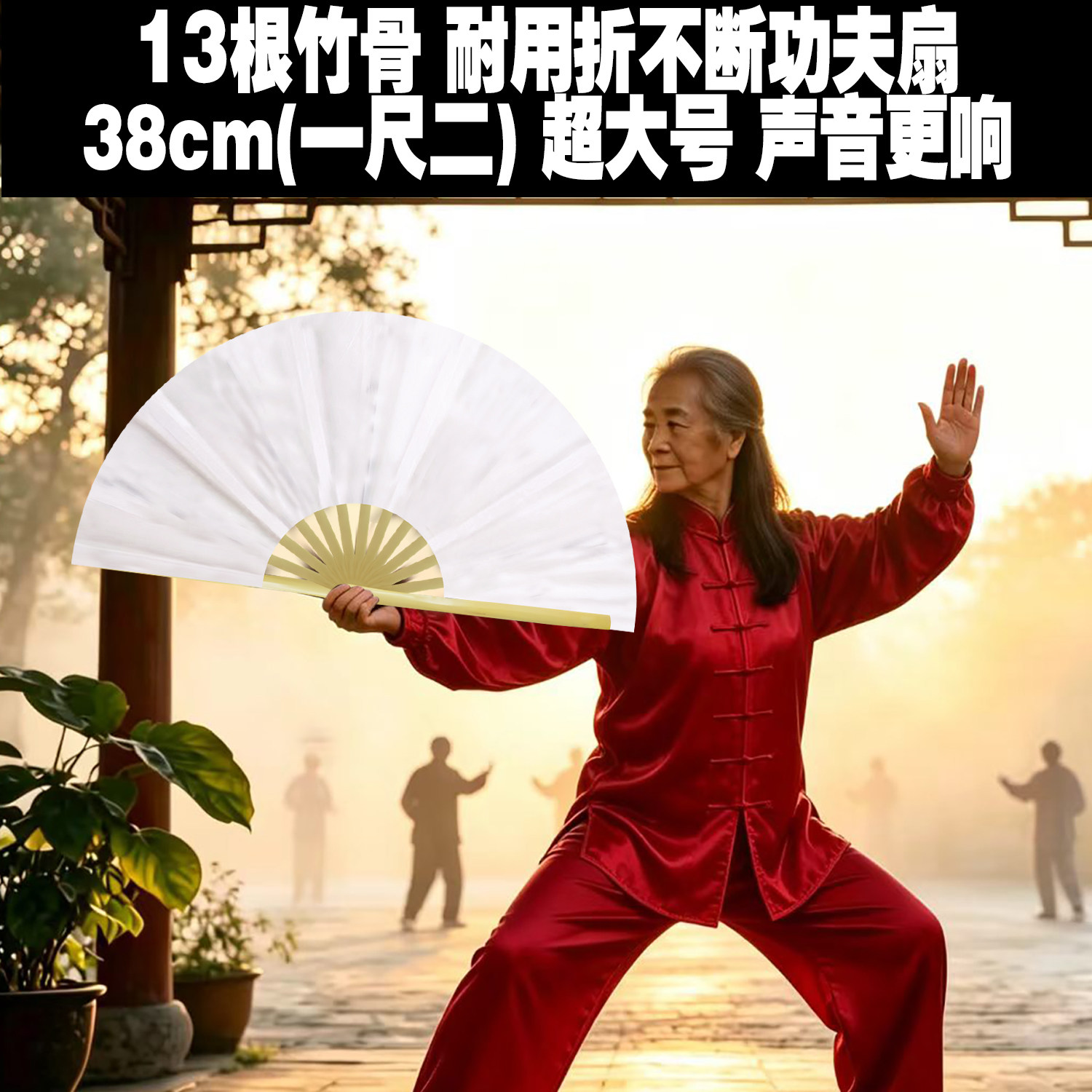 超大功夫扇13根全竹扇12寸10寸折扇秋冬中老年晨练白色双面太极扇图片
