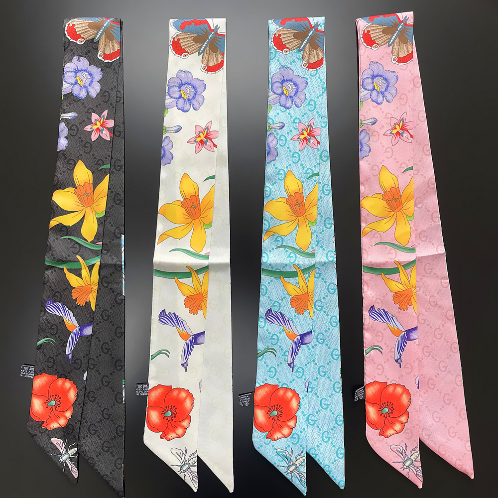 白色水仙花印花女士小领巾斜纹绸绑包手柄丝巾装饰飘带手腕巾发带