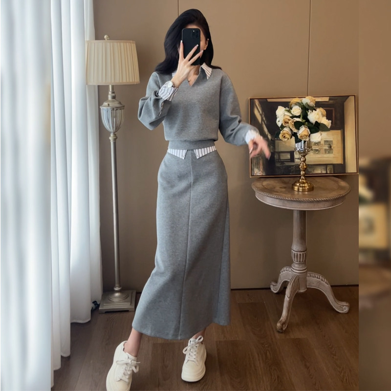 2025早秋新款搭配一整套条纹拼接两件套装显瘦一步裙半身裙女款装
