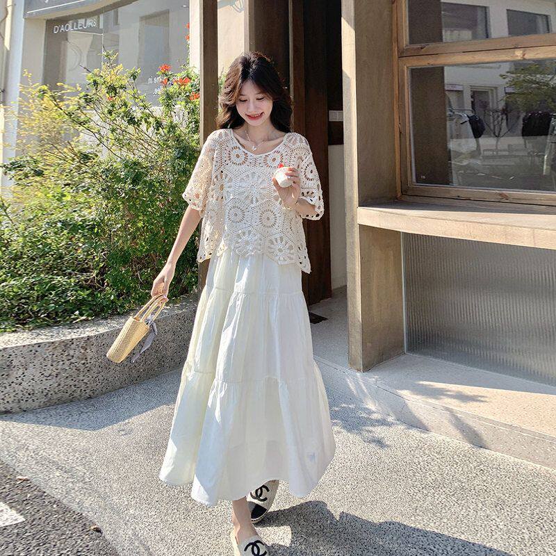 连衣裙钩花女镂空新款2025套装年罩衫米度假风夏季白色法式两件套