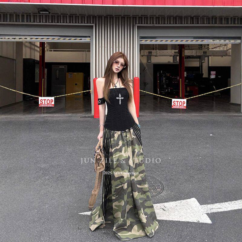 迷彩半身裙拼接女夏高腰长款设计感复古辣妹拖地裙子条纹长裙街头