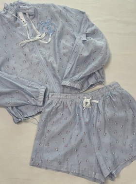 25夏 设计师款 进口天丝少女小花刺绣韩系防晒蓝色外套+短裤套装