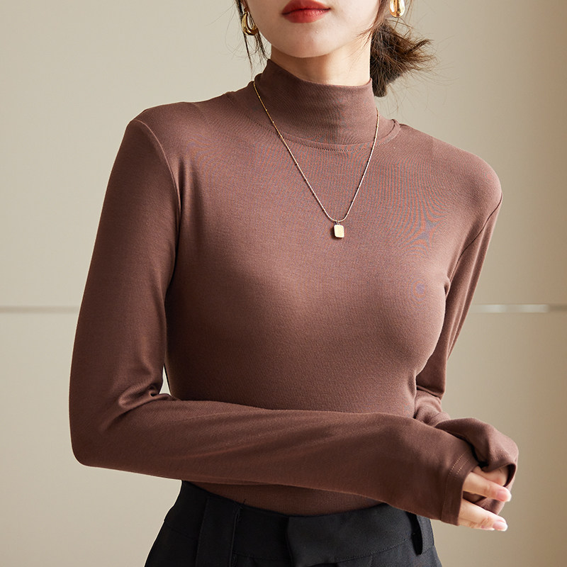 半高领莫代尔加绒打底衫女秋冬长袖2023内搭堆堆领立领百搭高弹厚