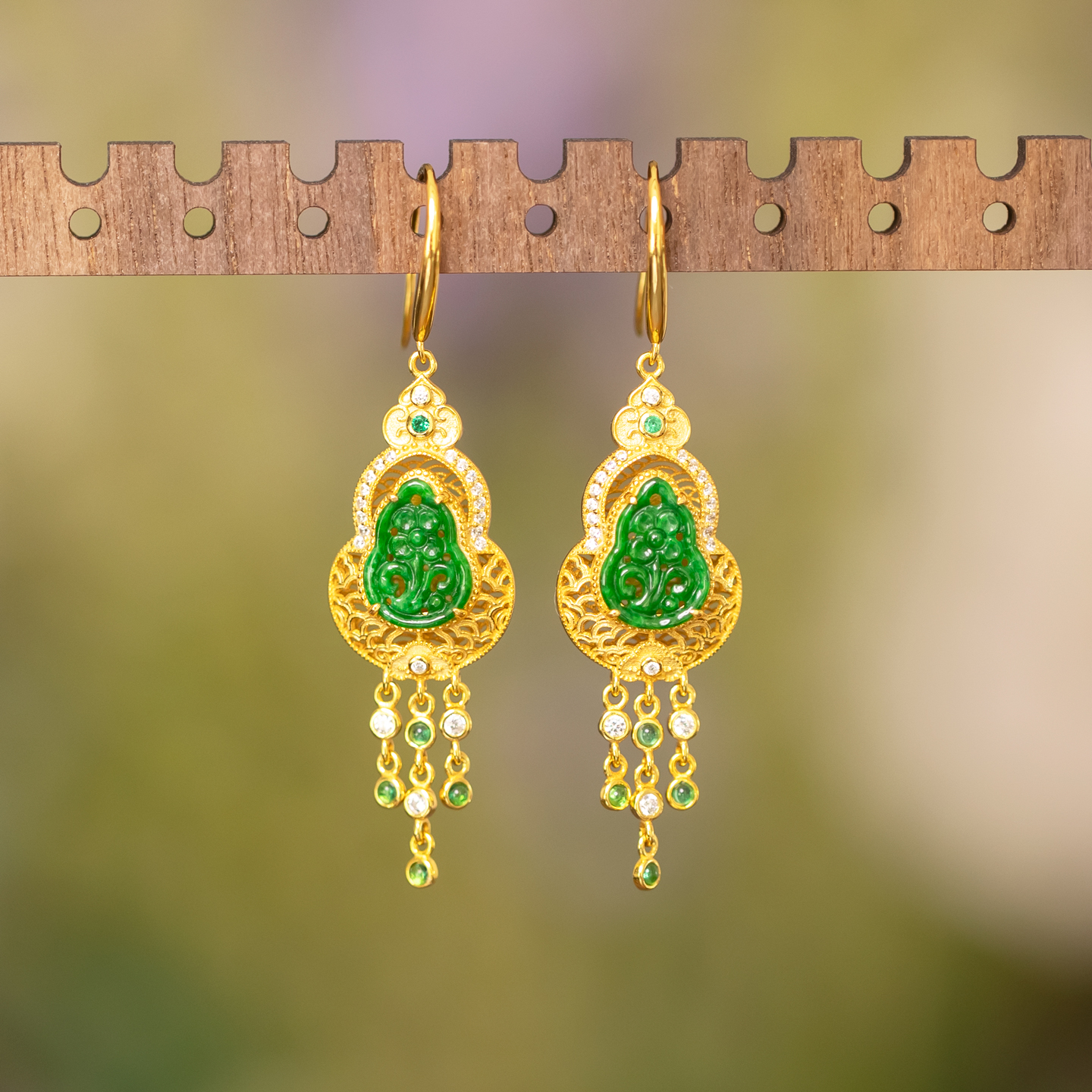 天然翡翠葫芦耳坠流苏缅甸玉古风