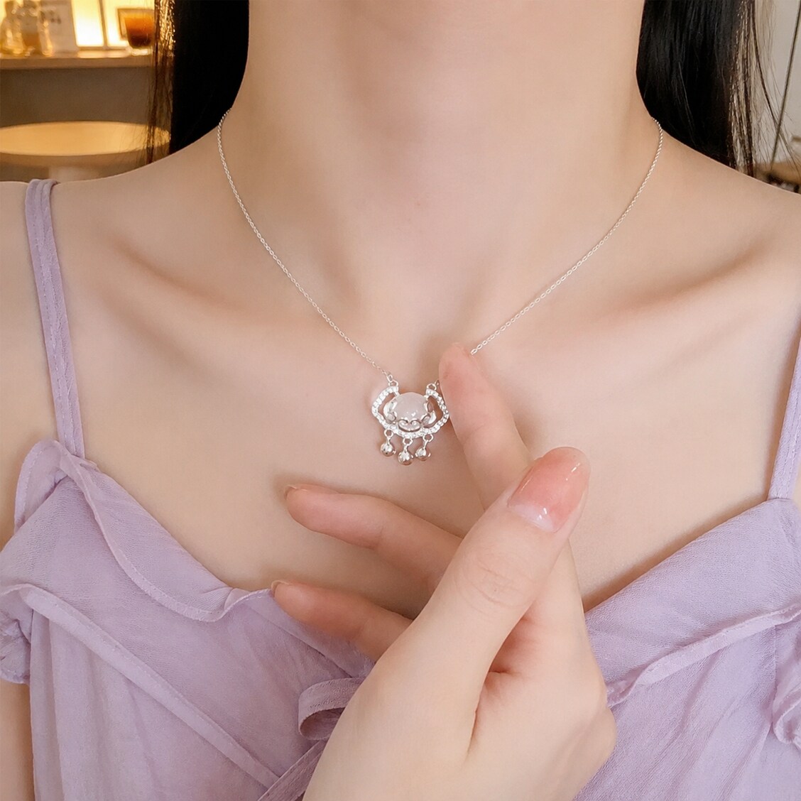 防水防汗不掉色平安锁闪钻项链