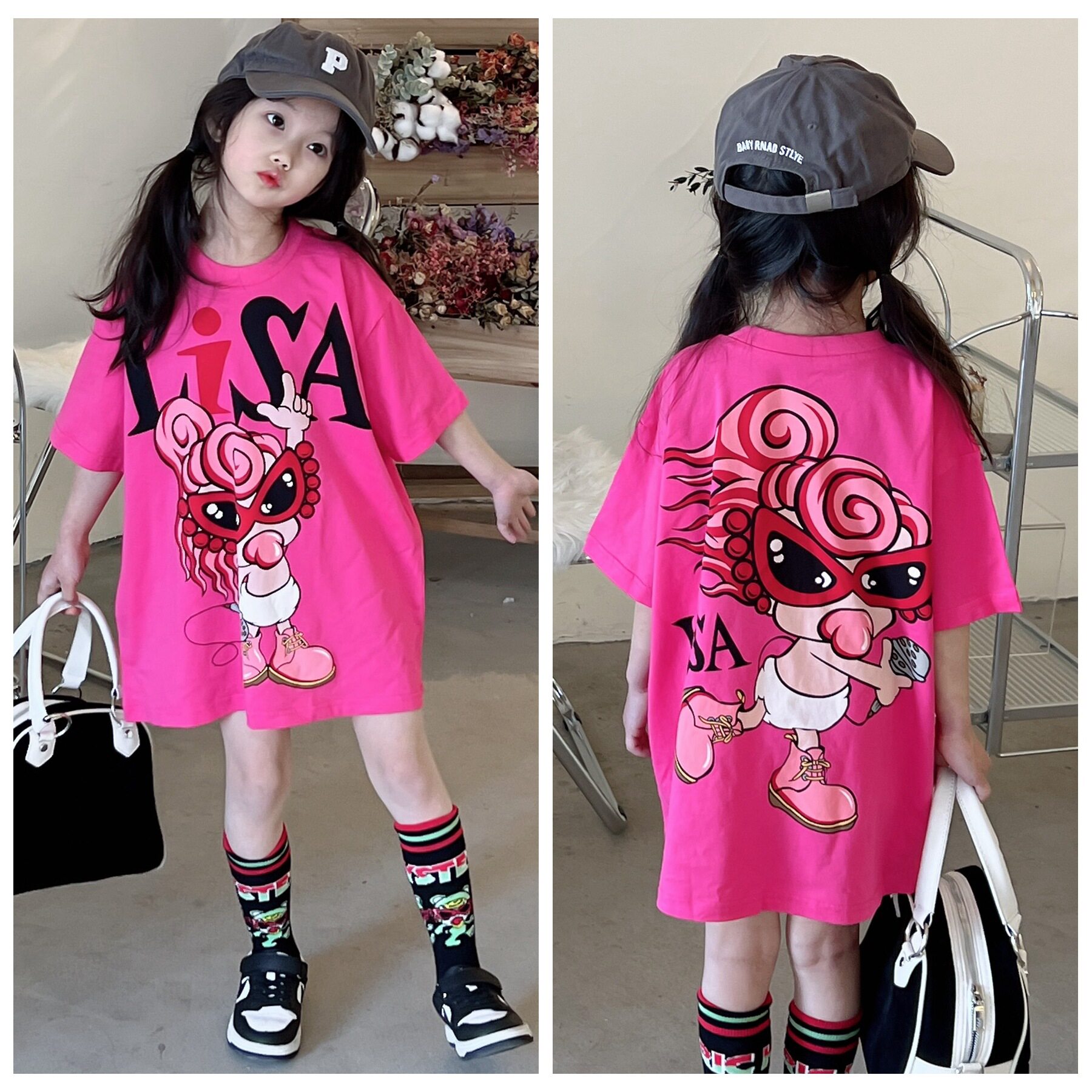 2025夏季新款女童纯棉T恤裙亲子装母女装卡通印花中长宽松连衣裙