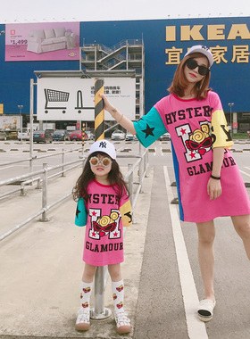 亲子装母女装洋气女童T恤裙2025春夏新款儿童纯棉长款宽松连衣裙