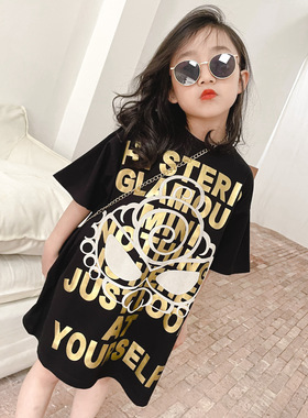 日系潮牌2025夏季新款潮亲子装母女装洋气女童宽松中长T恤连衣裙
