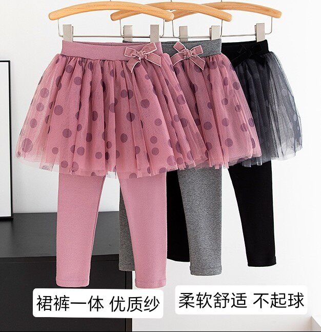 女童春秋裙裤2025新款幼童打底裤假两件女宝95棉洋气波点网纱裙裤