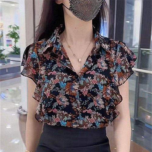 2025小碎花雪纺衫夏季薄款防嗮衫荷叶边无袖洋气减龄上衣甜美小衫