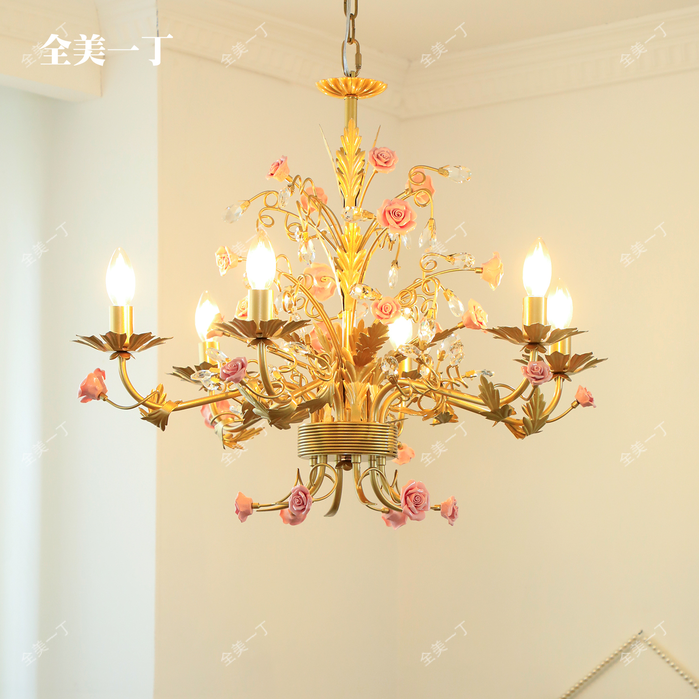全美一丁法式复古陶瓷玫瑰花朵吊灯客厅卧室蜡烛水晶餐厅创意灯具