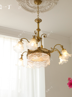 全美一丁法式复古黄铜珠帘玻璃花苞客厅吊灯浪漫中古楼梯复式顶灯