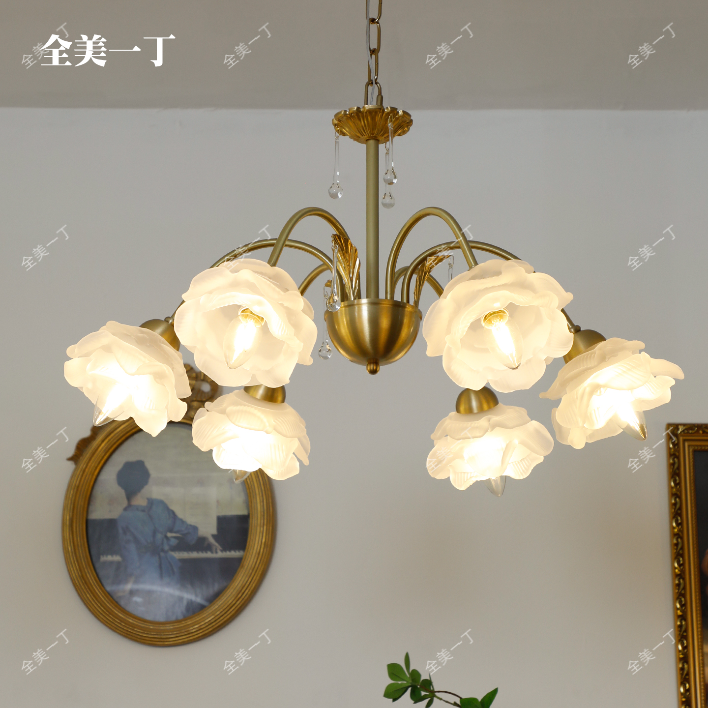 全美一丁法式玫瑰花朵吊灯中古复古美式客厅餐厅卧室民宿全铜吊灯