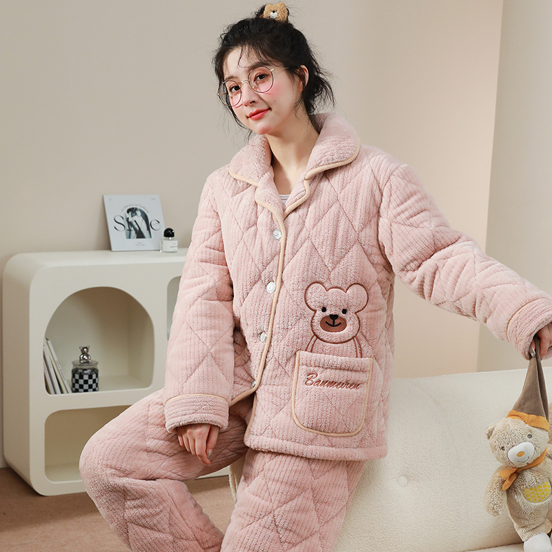 女士秋冬季新款珊瑚绒睡衣可外穿加绒加厚保暖三层夹棉家居服套装