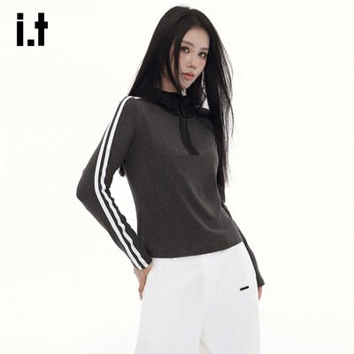 it:GROUNDZERO休闲半高领拉链薄款卫衣女条纹复古慵懒风显瘦上衣