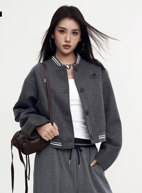 i.tGROUNDZERO韩系学院风棒球服外套百搭短款毛呢夹克上衣女