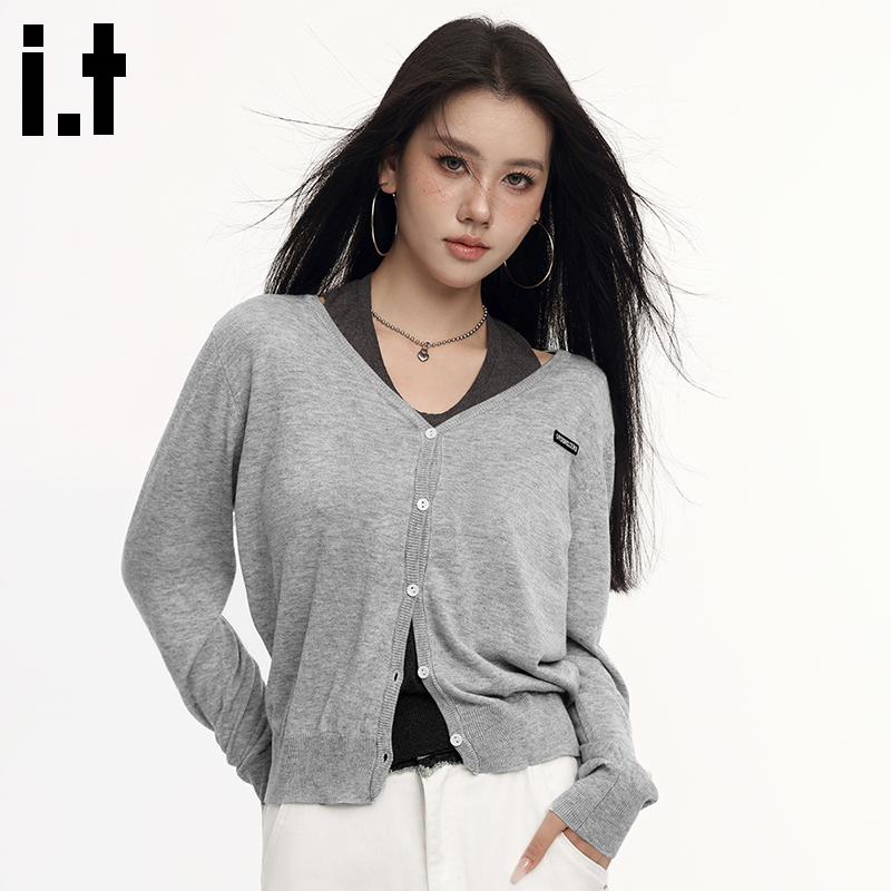 it GROUNDZERO初秋V领小众高级感显瘦两件套长袖毛衣针织开衫女