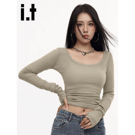 i.tGROUNDZERO 白色U领长袖t恤女显瘦修身内搭休闲打底上衣