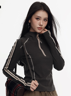 i.tGROUNDZERO美式复古杠条半拉链双拼连帽立领套头长袖运动T恤女