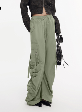 i.tGROUNDZERO美式复古休闲垂感阔腿伞兵多口袋辣妹褶皱女工装裤