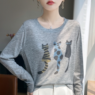 白色印花正肩长袖t恤打底衫女内搭宽松早秋上衣薄款可外穿针织衫