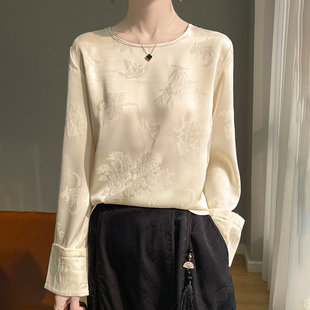 重磅新中式国潮复古提花仿真丝衬衫女圆领长袖高级感国风上衣T恤