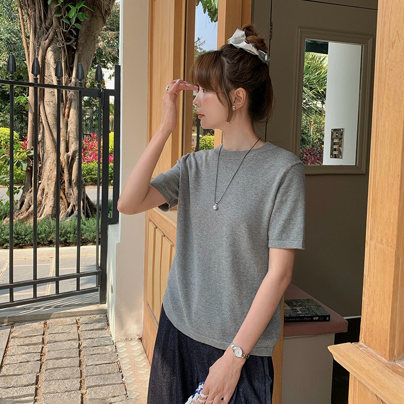 极简风圆领短袖T恤纯棉女灰色宽松百搭打底衫通勤休闲套头上衣