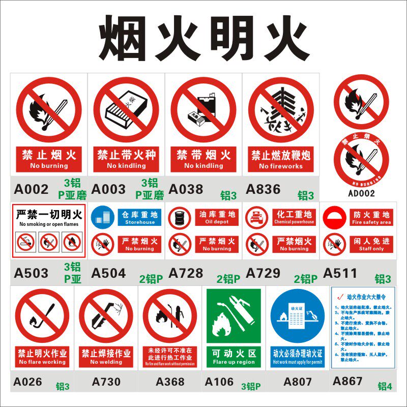 禁止烟火带火种安全标志牌 严禁一切明火作业 可动火区 铝板制标识牌 化工油仓库重地标示贴现货 PVC塑料丝印