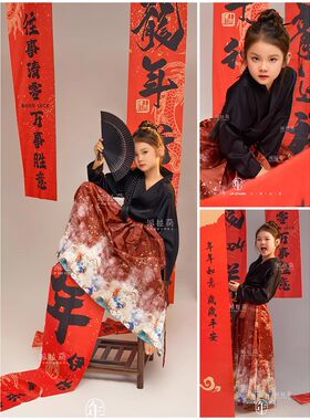 儿童摄影服装中国风红色马面裙