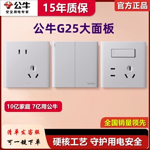 公牛G25银色五孔墙壁插座开关 大板大面板单开5孔一开1孔家用暗装