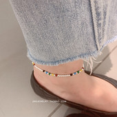 S925纯银彩虹色手工弹力脚链女韩版 春夏少女学生 圆珠小众款