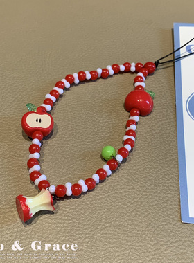 手作苹果核ins彩色挂饰手工可爱串珠手机链ccd挂绳相机挂件红色女